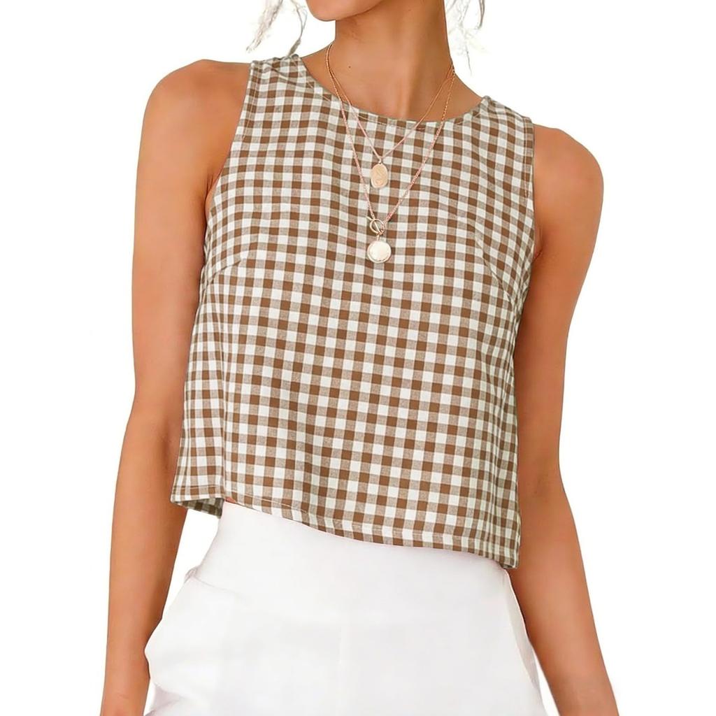 Summer New Women's Buttoned Crew Neck Sleeveless Plaid Cropped Tank Top for Leisure