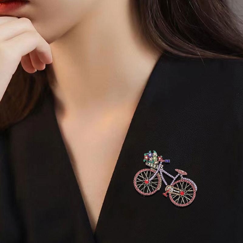 Vintage Romantic Flower Basket Bicycle Brooches For Women Fashion Full Rhinestone Colorful Metal Beauty Brooch Pins Wedding Gift
