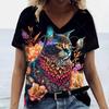 2025 Новая Летняя Женская Футболка с Цветочным Принтом в Стиле Китти, V-образный Вырез, Короткий Рукав, Уличная Повседневная Базовая Футболка на Каждый День, Летний Пуловер для Дам