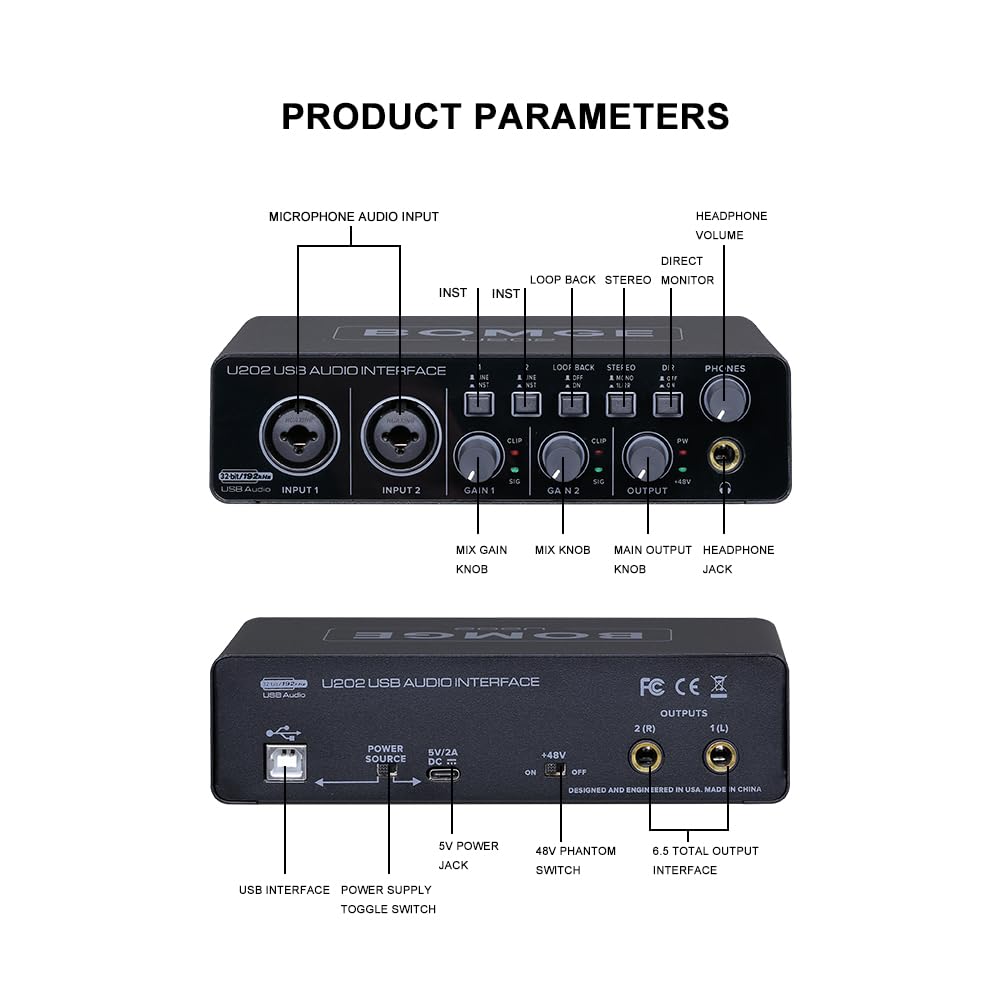 USB Аудиоинтерфейс BOMGE U202 с предусилителями для микрофона, портами XLR/TSR/TS, 48V, разрешением 32-бит/192 кГц, для записи на компьютере, стриминга и подкастинга