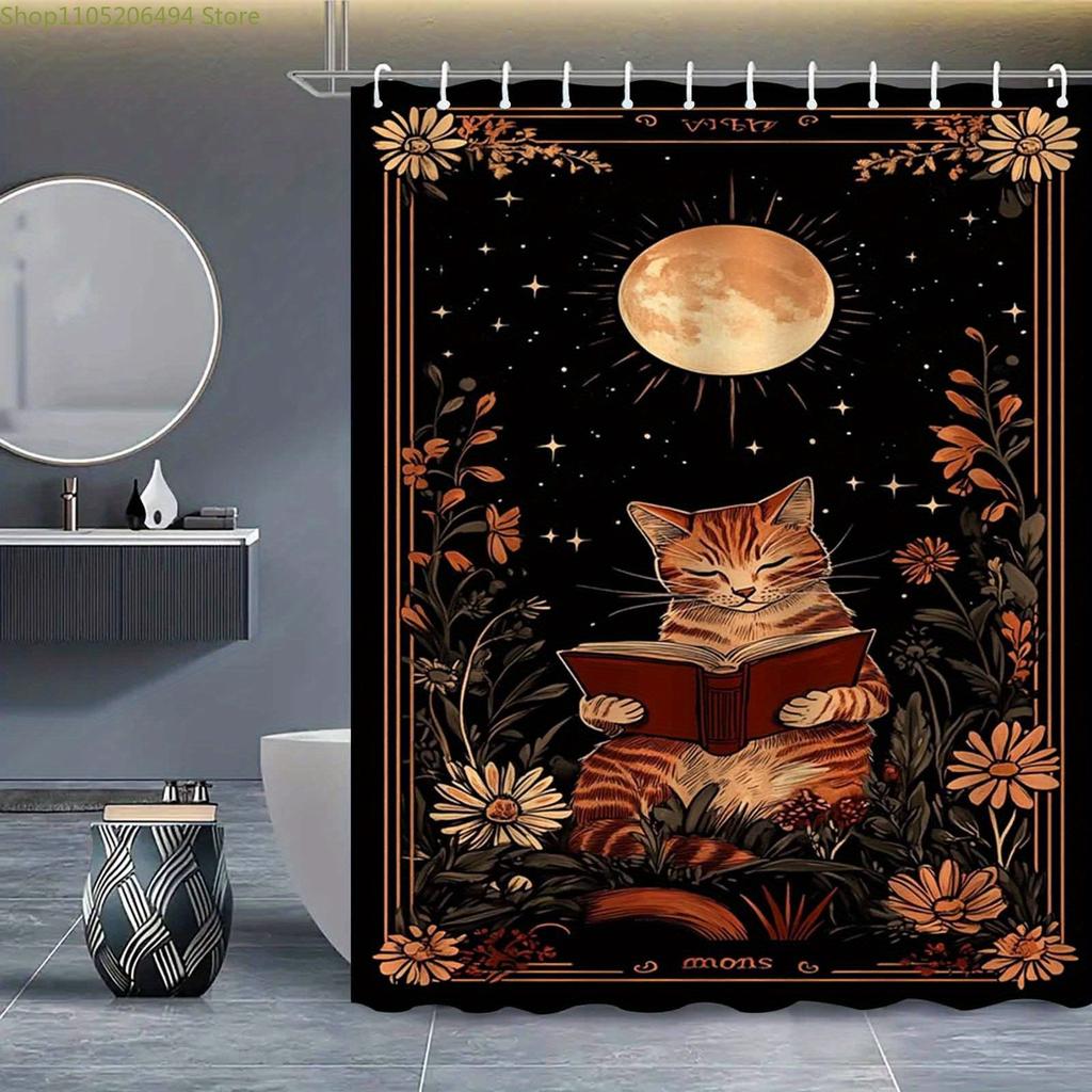 1 шт. Элегантная шторка для душа с кошкой, читающей книгу - Черно-золотой художественный декор для ванной комнаты с полосатой кошкой, луной и звездами, цветочным узором