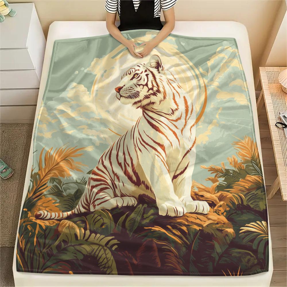 White Tiger Print Flannel Blanket, High quality Comfortable for All Seasons, Home Decor, Warmth and Comfort