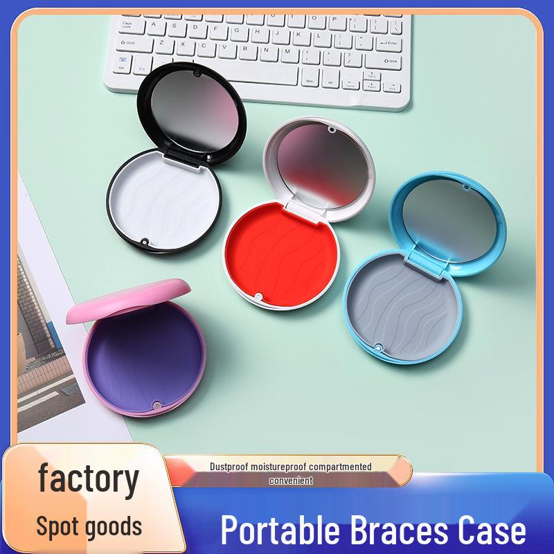 Orthodontic Retainer Storage Case with Mirror, Portable ABS Silicone Box