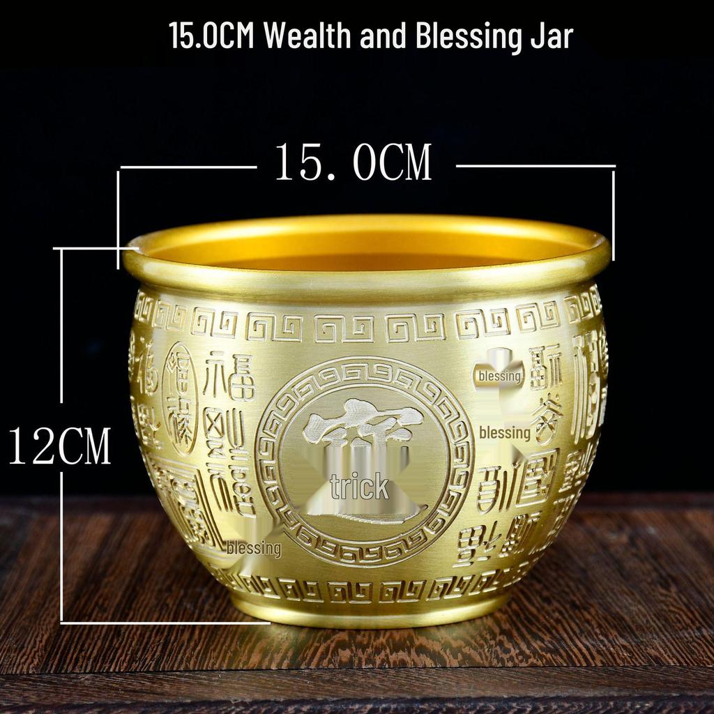 Brass Rice Jar: Home Decoration Treasure Basin with Hundred Blessings Couplet