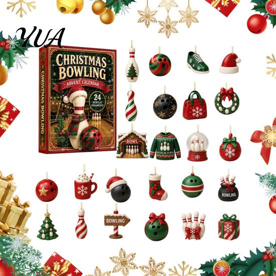 Reusable Acrylic Pendant Set Christmas Advent Calendar with 24 Pendants, 2D Flat Bowling Theme Creative Xmas Party Favors Hanging Ornaments