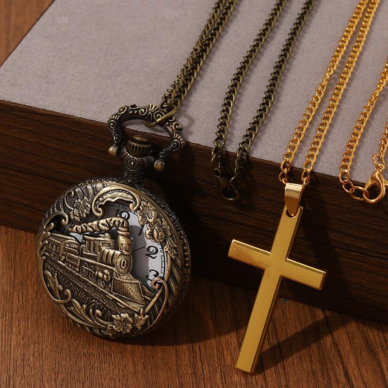 2pcs/set,Luxury Men's Pocket Watch Alloy Quartz Watch Fashion Women Mens Necklace Chain Watch & 1PC Mens Vintage Classic Cross Necklace Pendant