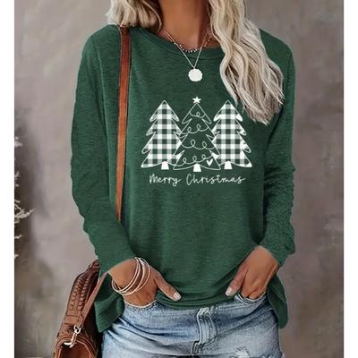2025 Осень и Зима Женский Новый Повседневный Топ с Круглым Вырезом и Длинным Рукавом с 3D Рождественским Узором
