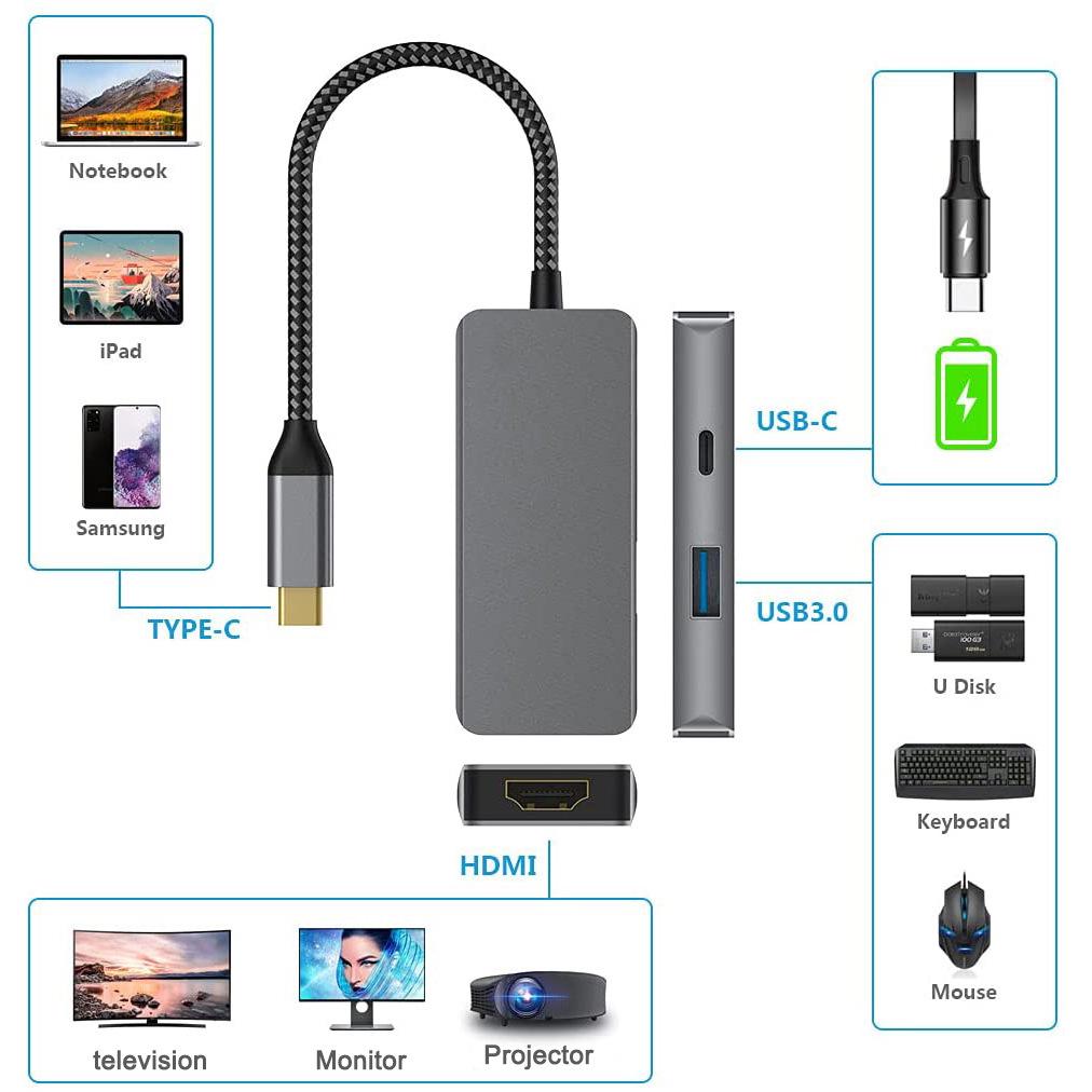 Многопортовый USB-C концентратор с HDMI: 3-в-1 док-станция для ноутбука с HD-зеркалированием экрана