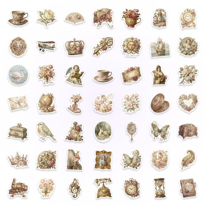50PCS Retro Romance PVC Sticker Aesthetic Colored DIY Sticky Decoration Scrapbooking Hand Accounting Supplies