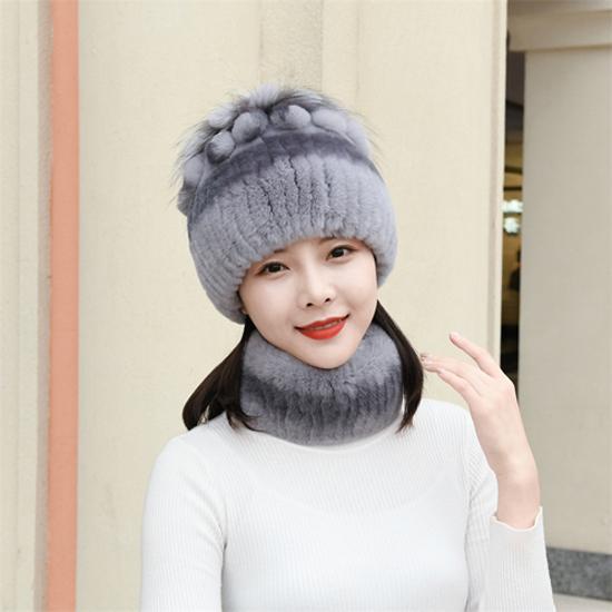 Knitted Women Warm Rex Rabbit Fur Hat Scarf Sets Winter Natural Rex Rabbit Fur Cap Scarves Russia Lady Fur Hats Muffler 2 Pieces