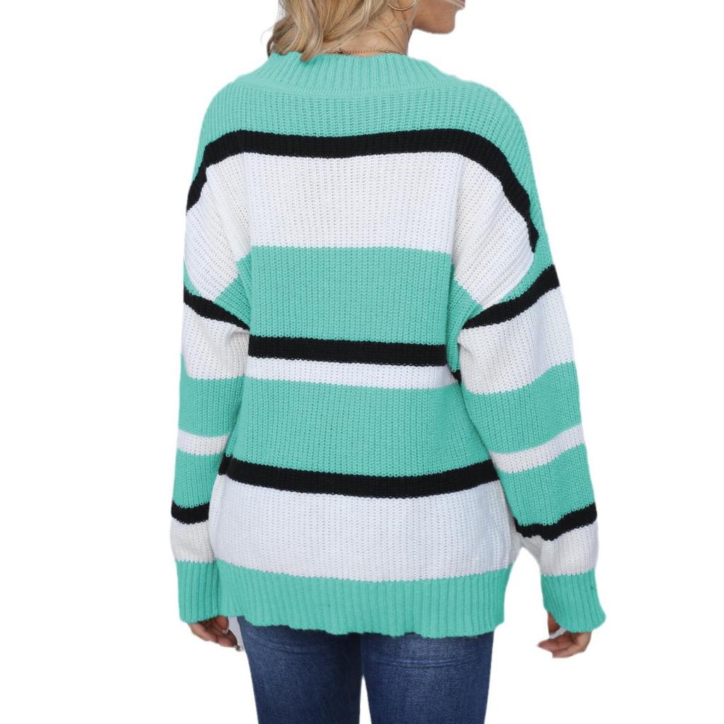 Women's pullover sweater European and American women's clothing autumn and winter new V-neck contrasting color splicing loose fashion sweater M628