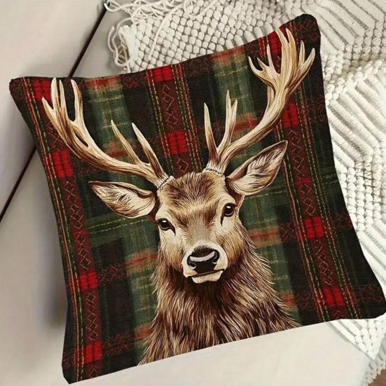 Christmas Elk Pillow Cover Red Green Plaid Elk Head Throw Pillow Cover 18 Inch X 18 Inch Winter Festive Pillowcase for Home Couch Sofa Bed Decoration