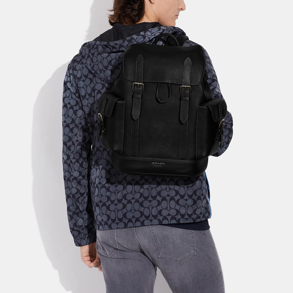 Coach Hudson 30 Solid Color Flap Drawstring Closure Internal Zipper Pocket Natural Grain Leather Backpack Men backpack Black CB837-QBBK