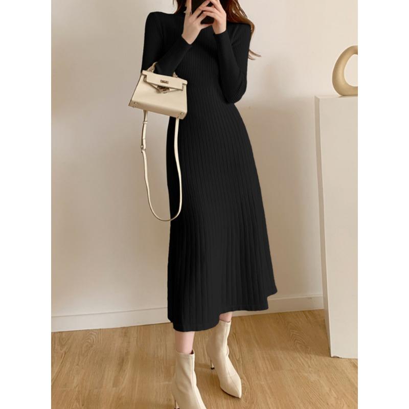 Осень-зима 2023, тонкое вечернее платье миди с длинными рукавами для женщин, вязаное элегантное вязаное платье-свитер с полувысоким воротником, женские платья