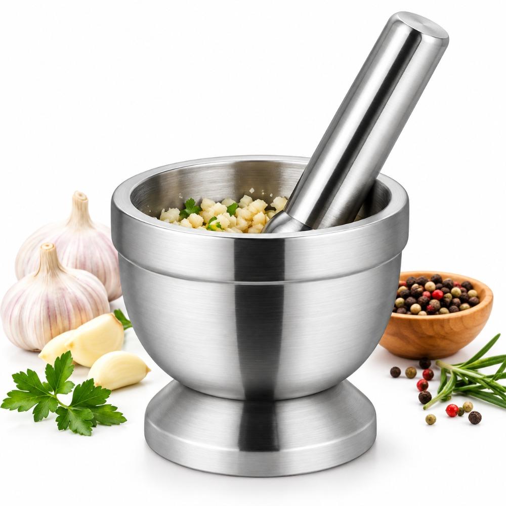 Stainless Steel Mortar And Pestle Set Silver Garlic Grinder Bowl Spice Preparation