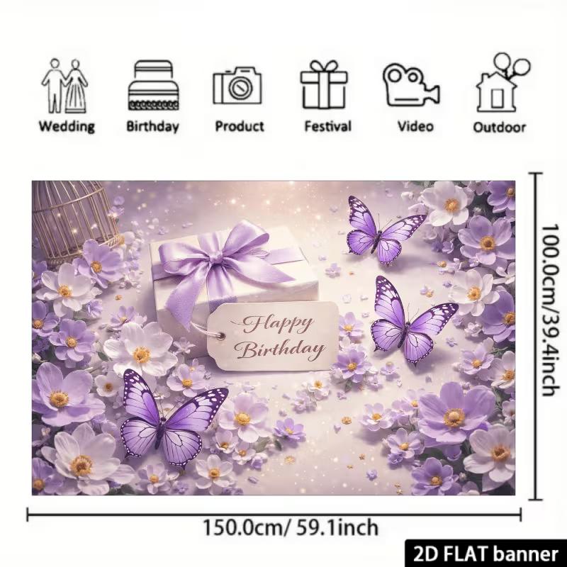 2D Elegant Purple Flower Butterfly Themed Birthday Decor Banner
