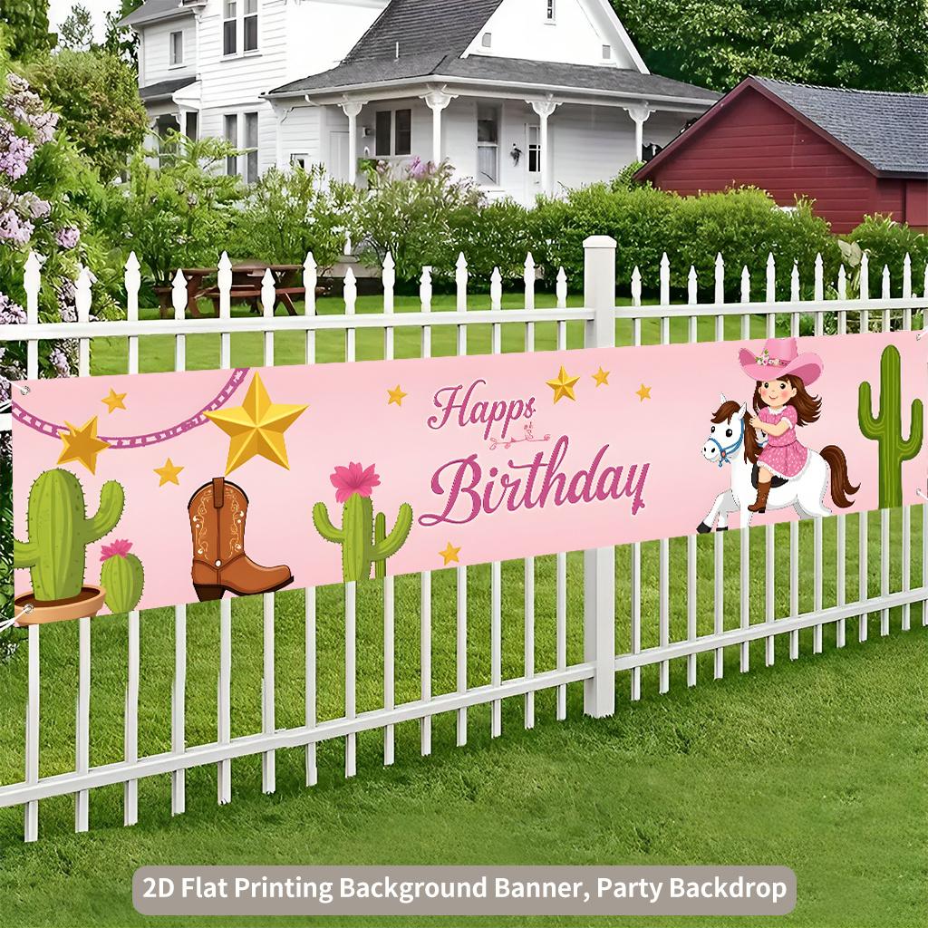 Birthday Party Banner, Cartoon Illustration Background Theme, Polyester Outdoor Indoor Fence Lawn Decoration