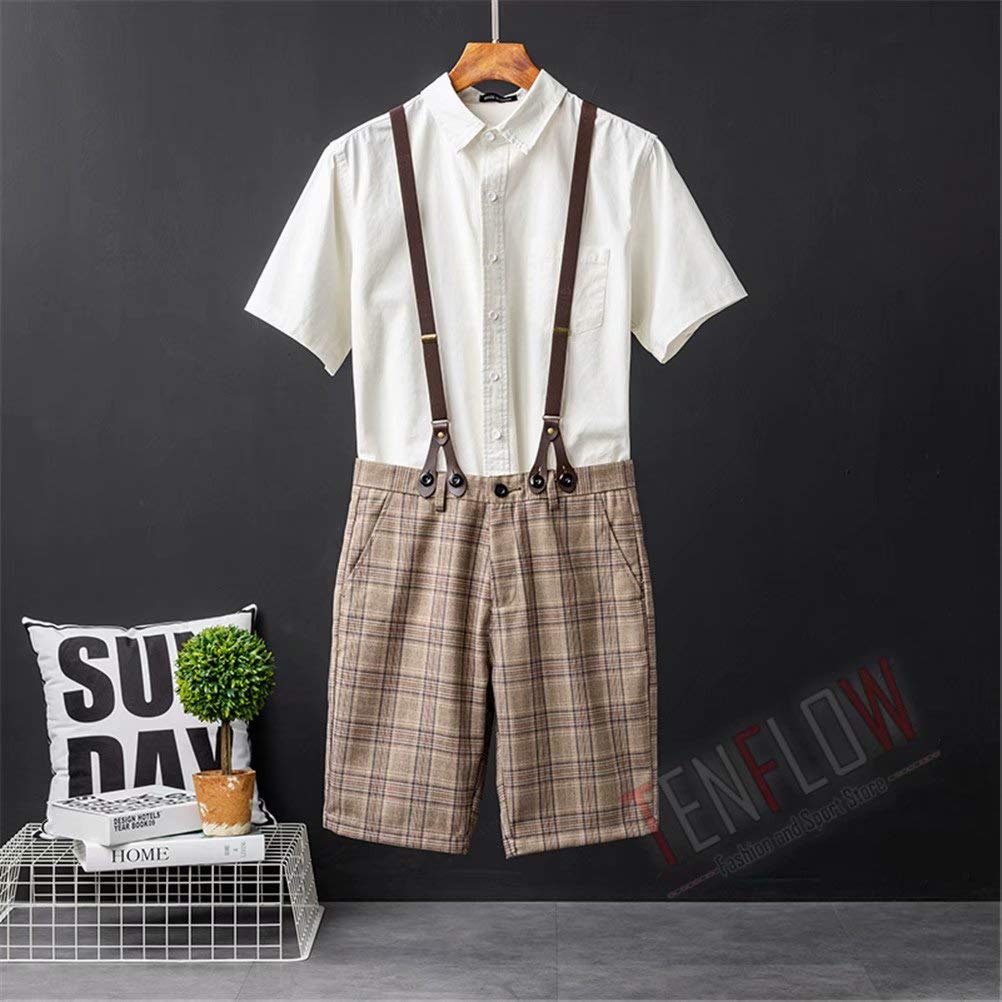 Suspenders Half Pants Shorts Overalls Suspender Pants Half Pants Check Casual [Tenflow] Men's Cjf-72 (Brown, 3XL)