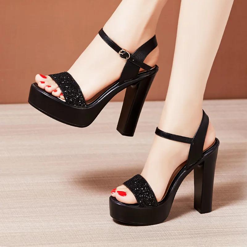 Maogu Block High Heels Свадебные туфли Серебро Золото 203 Элегантная женская обувь Летние блестящие босоножки на толстой платформе для женщин Размер 32 43