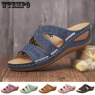 Летние женские босоножки на танкетке, ортопедические сандалии премиум-класса с открытым носком, винтажная нескользящая кожаная повседневная женская обувь на платформе в стиле ретро