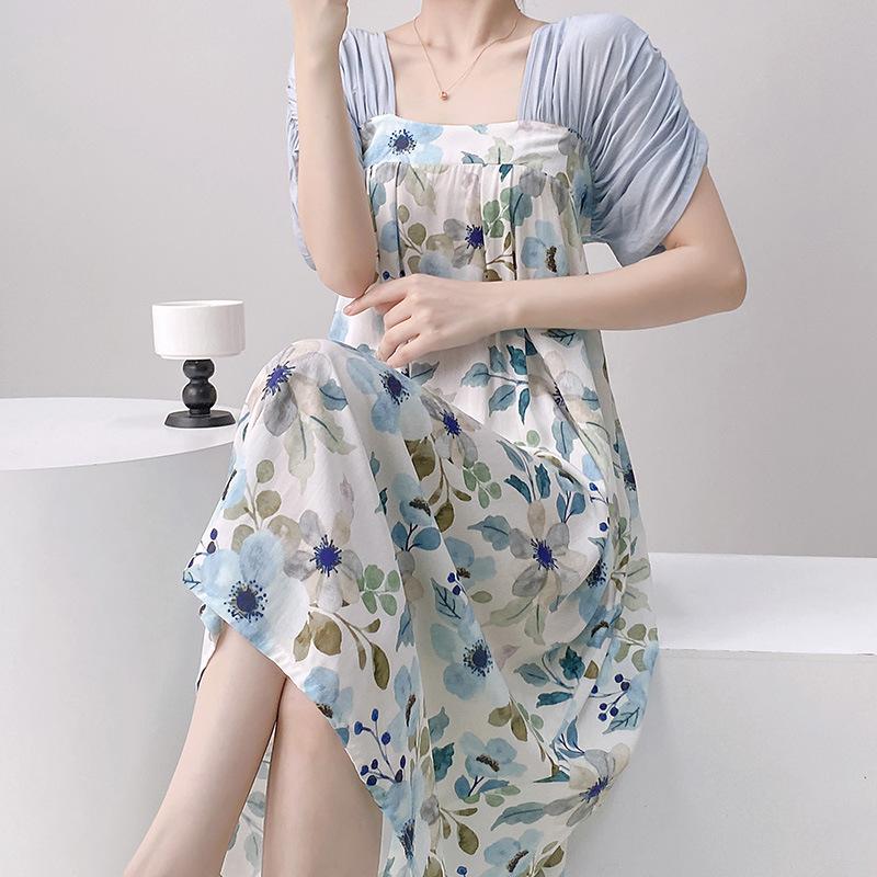 Women's nightgown thin short-sleeved printing light luxury simple breathable casual loungewear long skirt can be worn outside