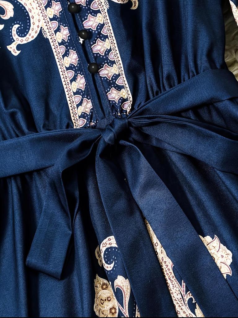 Весеннее французское ретро-платье с принтом, V-образным вырезом, рукавами-фонариками, затягивающейся на талии завязкой