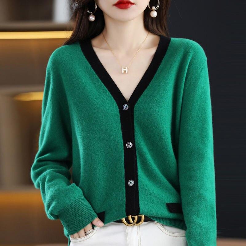 Кардиган-свитер, осенне-зимний женский контрастный вязаный кардиган, свободная вязаная рубашка с v-образным вырезом в западном стиле, свитер с длинными рукавами