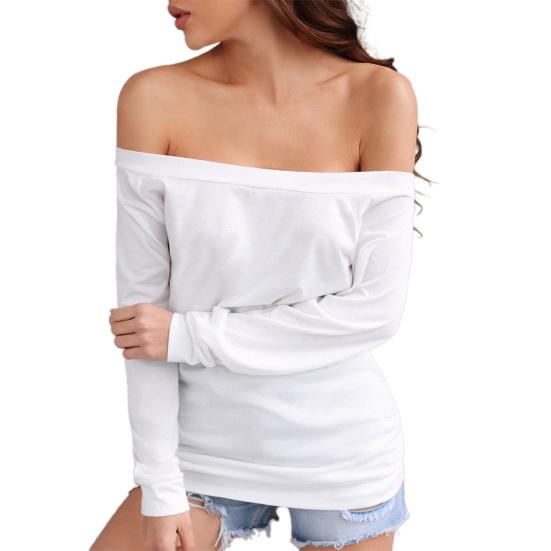 Women T-shirt Solid Color Off Shoulder Autumn Long Sleeve Slash Neck Strapless Pullover Streetwear