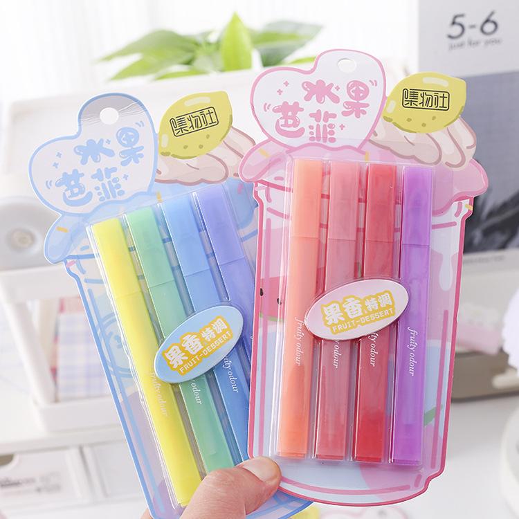 4pcs Fruity Odour Color Highlighter Pens Set Fruit Buffet Design Soft Brush Tip Marker Liner for Drawing Painting