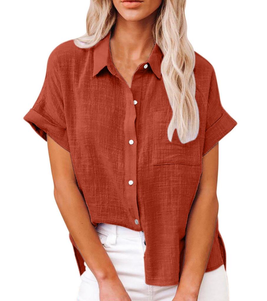 Summer Womens Casual Cotton Short Sleeve Shirt With Color Block Patching For Office Wear