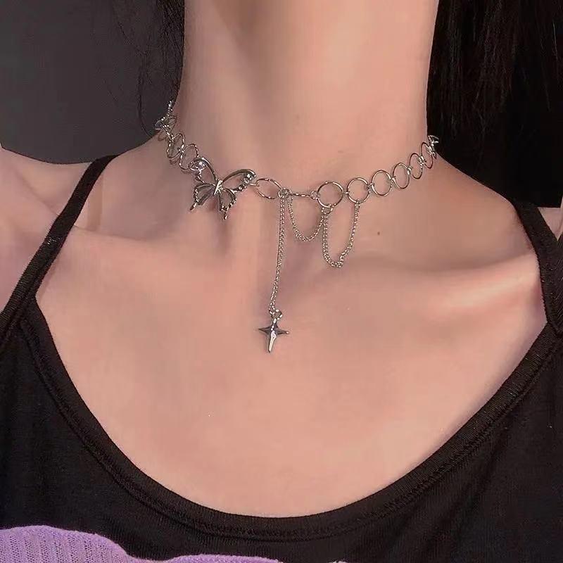 Silver Color Butterfly Choker Pendant Necklace Women Gift Necklace Light Luxury Punk Geometric Sweet Cool Clavicle Neck Jewelry