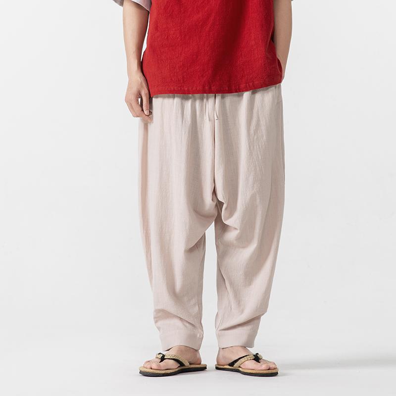 2025 Мужские хлопковые льняные брюки, шаровары, мужские мешковатые повседневные свободные джоггеры, широкие брюки для йоги, брюки с заниженным шаговым швом, хип-хоп