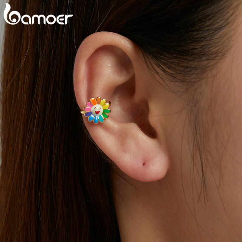 BAMOER стерлингового серебра 925 пробы с эмалью, 1 шт., серьги-клипсы в стиле поп-арт с радужным солнечным цветком для женщин, элегантные ювелирные изделия