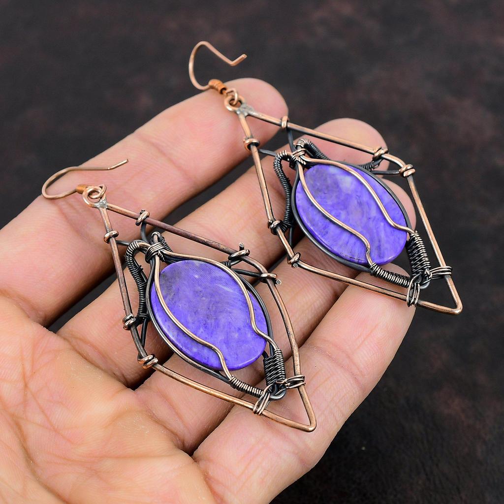 Серьги из чароита, серьги из медной проволоки с драгоценными камнями, ювелирные изделия из чароита, серьги-подвески ручной работы, уникальные ювелирные изделия, подарок на годовщину, ювелирные изделия из меди
