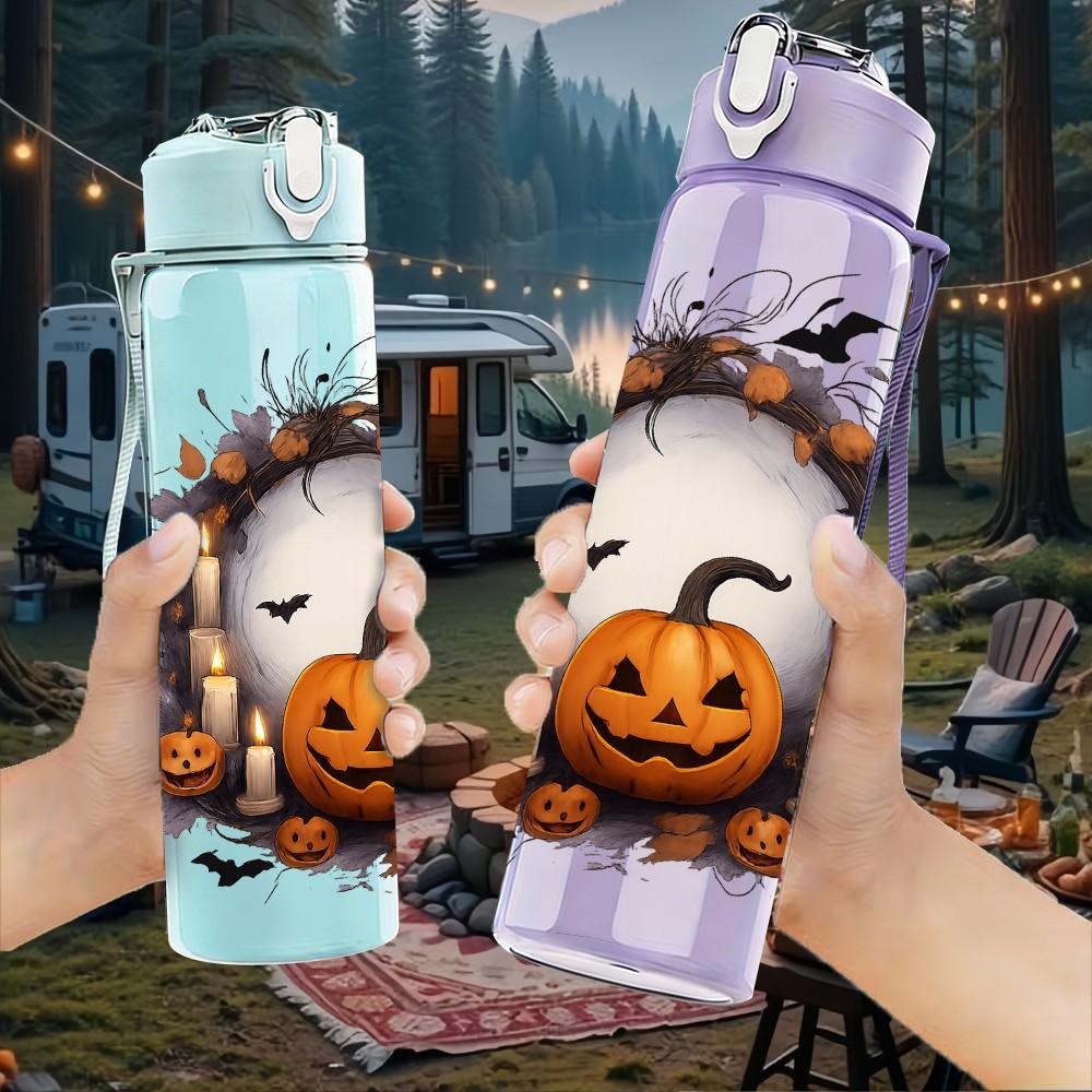 1PC Pumpkin Face Halloween Moon Print 750ml Color Plastic Sports Water Bottle Leakproof Flip Straw Lid Suitable for Sports Office Home Use