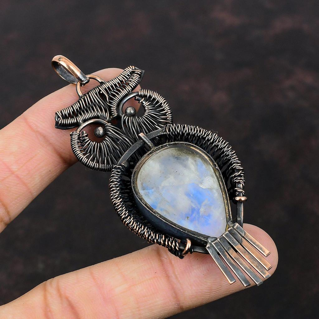 Подвеска Rainbow Moonstone, медная проволочная сова, подвеска, ручная работа, медные украшения, изящная подвеска из драгоценного камня, подарок для мамы, проволочная обмотка, украшения