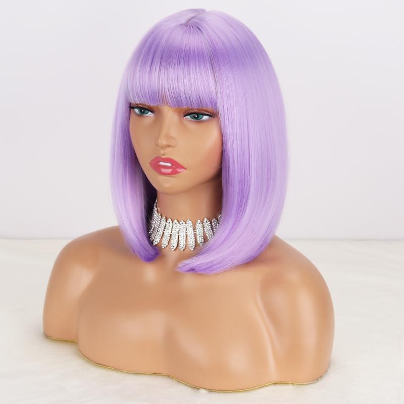 LISI HAIR Женская мода Короткий чистый белый прямой парик Боб с челкой Синтетическое волокно Длина до плеч Прямой парик Боб Белый Серебряный парик