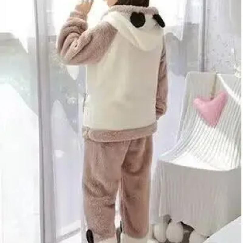 Новая теплая женская пижама из кораллового флиса с капюшоном и длинными рукавами, комплект из 2 предметов с милым принтом для женщин, домашняя одежда
