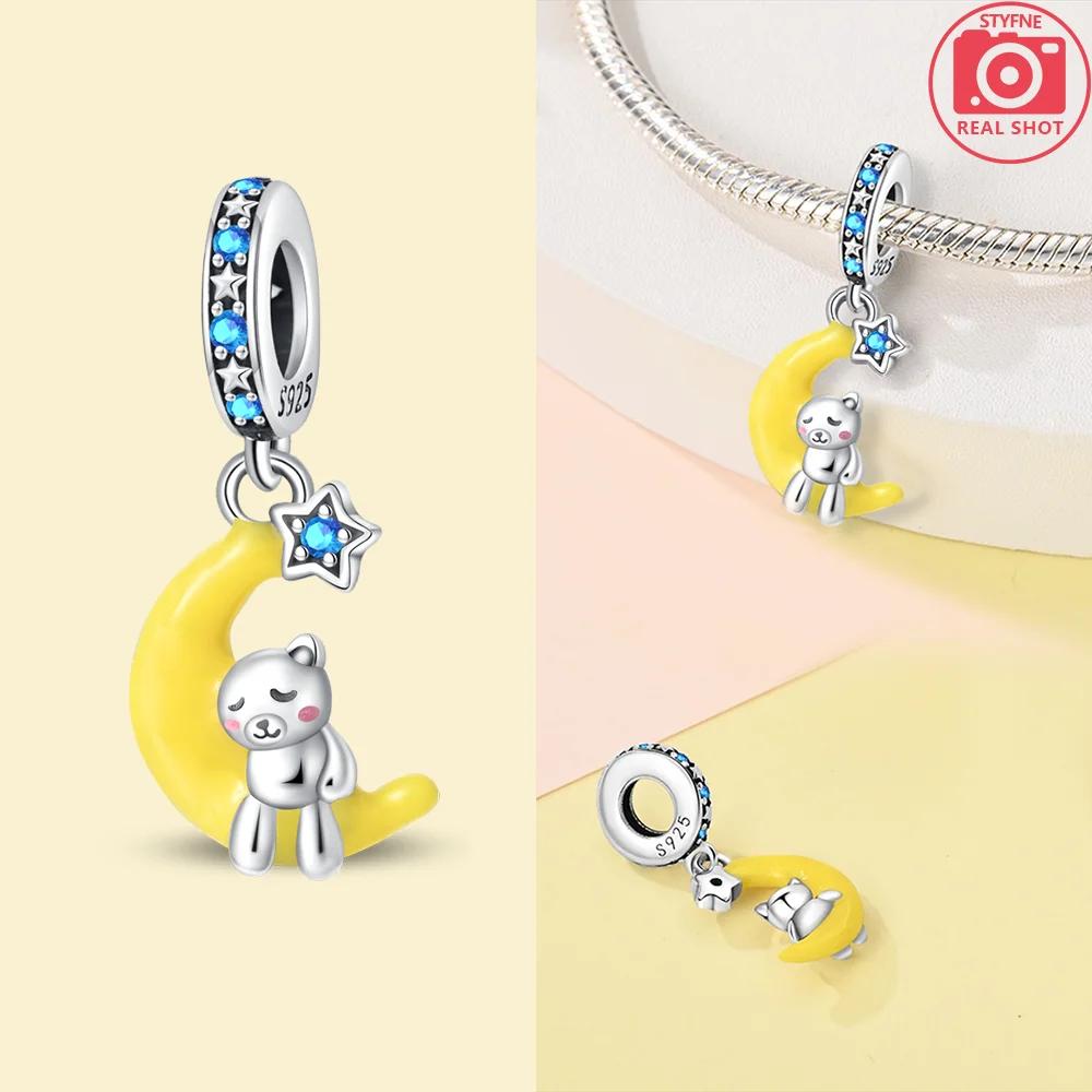 Authentic copper Charm Moon Yellow Stars Blue Zircon Feathers Bead Charms Compatible With Bracelets Women Diy Accessory Valentines Fine Gift