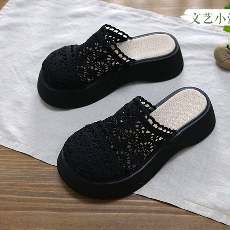 Толстоподошвенные юбочные удобные нескользящие тапочки 2025 лето новая кружевная ажурная сетчатая обувь с закрытым носком сандалии для улицы