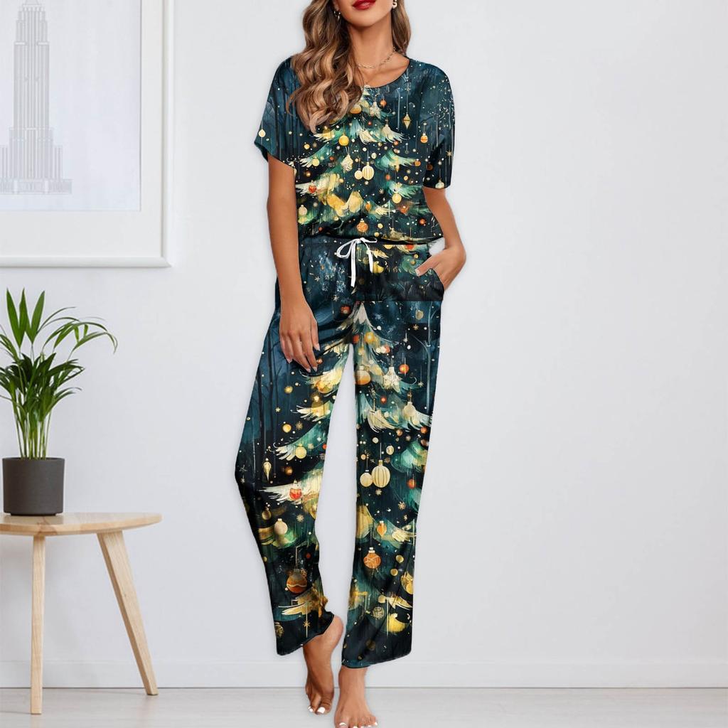 Женский шелковый атласный пижамный комплект с рождественским принтом, рубашка с коротким рукавом и длинные пижамные штаны, мягкая домашняя одежда