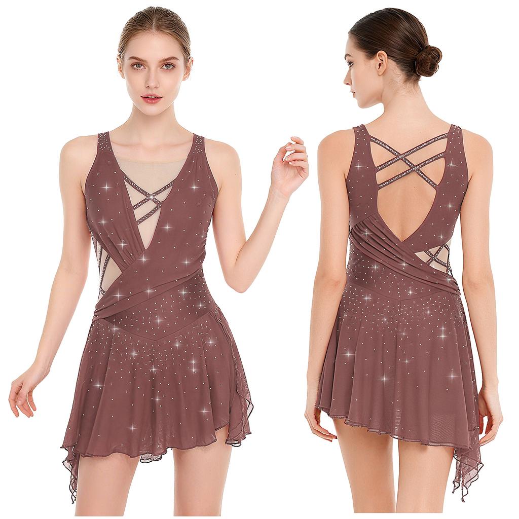 Женское танцевальное платье, украшенное стразами - Без спины с боковым разрезом, Струящийся асимметричный подол, Встроенная ластовица и кнопки для сценических мероприятий
