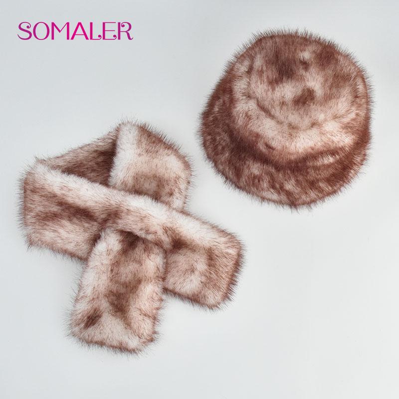 SOMALER Зимняя шапка из искусственного меха, шарф, комплект для женщин и девочек, теплые красочные шапки-ведра с шарфами
