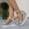 Foreign Trade Large Size Wedge Heel Woven Sandals Women's 2025 New Fashion One-character Buckle with Platform High-heeled Sandals