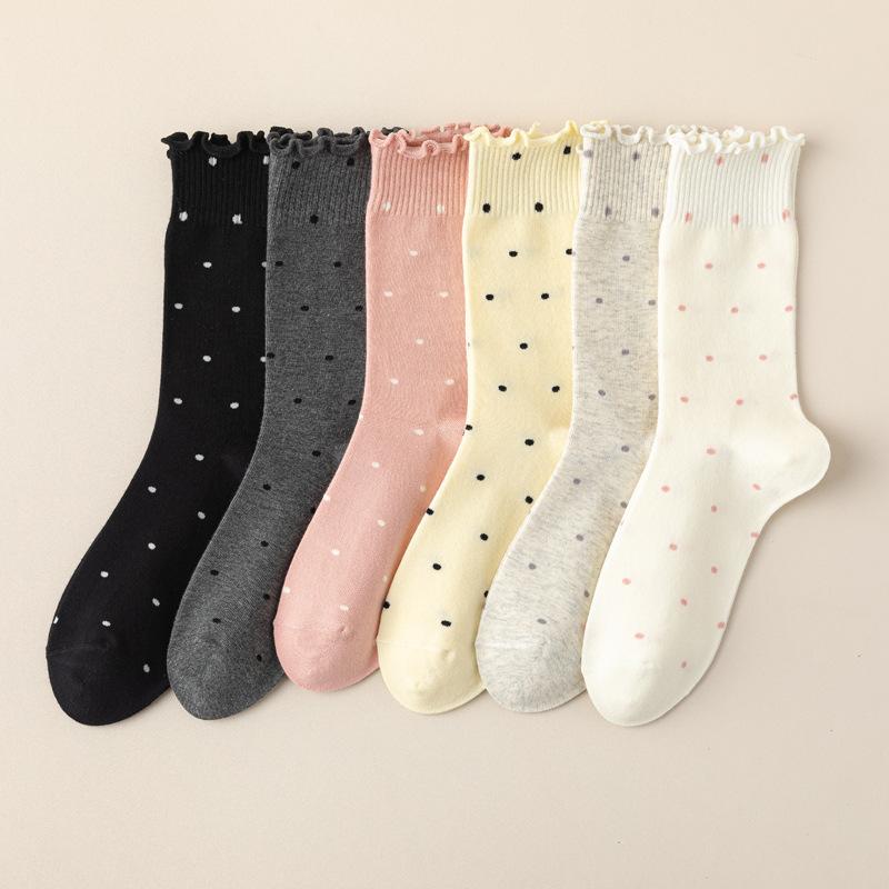 5/10 пар носков с фестончатым краем в форме ушей для женщин на весну-осень, в горошек, в стиле Instagram для девочек, милые носки до середины икры и носки-гольфы, впитывающие пот