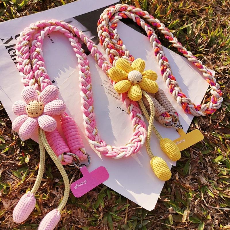 Ремешок для мобильного телефона через плечо, рюкзак для женщин - Длинный стиль с плетеным шнуром ручной работы с цветком, прочный и всепогодный, уличный ремешок против потери