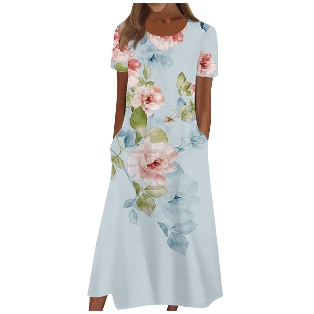 Women's Summer Casual Fashion Floral Print Short Sleeve Round Neck Pocket Dress