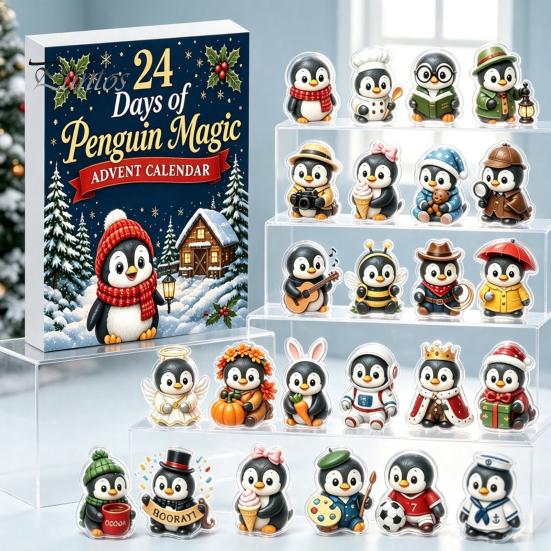 24 Days Countdown Calendar Guinea Pig Advent Calendar, 24Pcs Acrylic 2D Ornament Set with Penguin Box Toys Christmas Outfits, Tree Hanging Decor, Gift