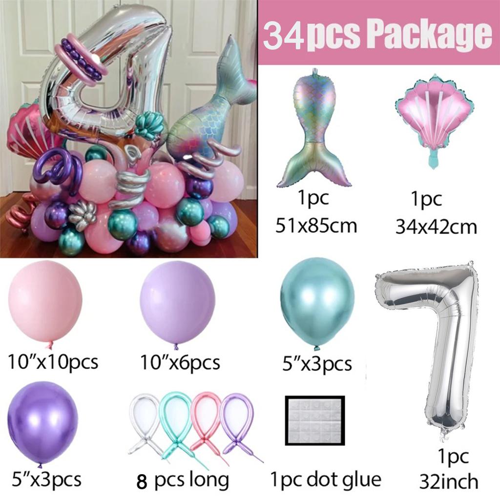 34 шт. воздушные шары с хвостом русалки, розовый, фиолетовый, воздушный шар из фольги с номером, детские украшения для дня рождения, вечерние шары с русалочкой