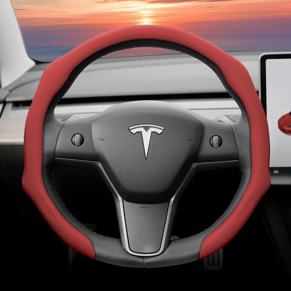 Подходит для Tesla, Чехол на перфорированное кожаное рулевое колесо, Нескользящий, Впитывающий пот, Дышащий, Интегрированный защитный чехол-защелка для Model 3 Y S